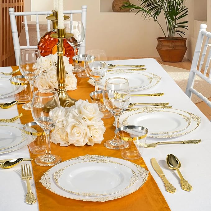 Bestluck 175PCS Gold Plastic Plates for 25 Guests, Disposable Dinnerware Sets Include 50 Gold Rim Plastic Plates, 25 Silverwares, 25 Cups, and 25 Pre Rolled Napkins for Party, Wedding and Graduation