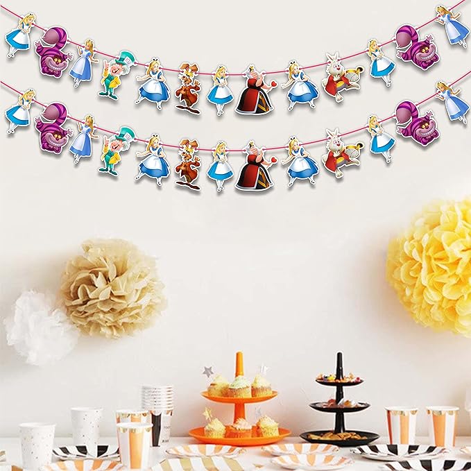 Alice in Wondrland Garland Decoration – Fairy Tale Birthday Party Supplies – Cartoon Inspired Hanging Banner for Adults – Baby Shower, School Events, Family Gatherings, and Themed Celebrations