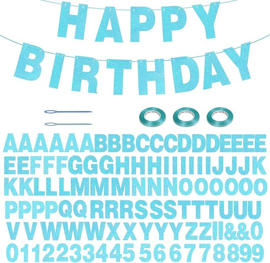 116 Pcs DIY Glitter Customizable Banner Kit Custom Banner Including 111 Letters and Numbers 3 Rope and 2 Threading Device for Personalized Decor for Birthday Banner (Baby Blue)