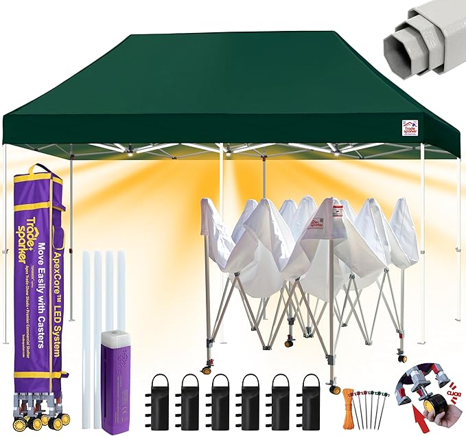 Tradesparker 10x20 Pop Up Canopy Tent,Commercial Movable Canopy with ApexCore LED&Rugged Casters-Instant Easy Setup Shelter Canopies with Weight Bags&Stakes for Outdoor Events Markets,Forest Green