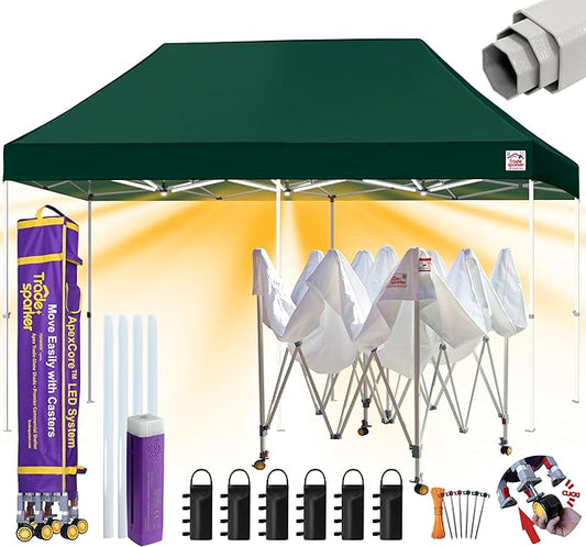 Tradesparker 10x20 Pop Up Canopy Tent,Commercial Movable Canopy with ApexCore LED&Rugged Casters-Instant Easy Setup Shelter Canopies with Weight Bags&Stakes for Outdoor Events Markets,Forest Green