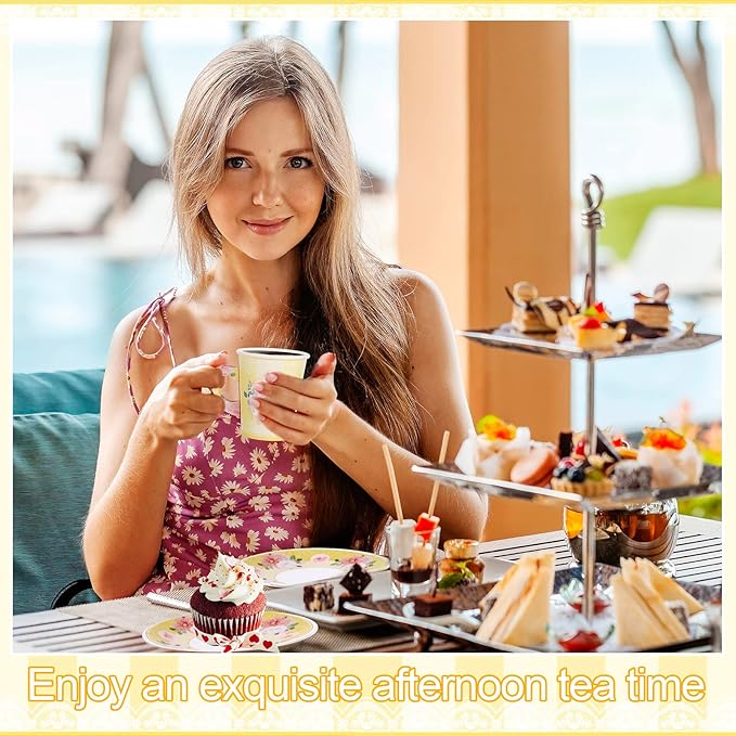 Zopeal 100 Pcs Disposable Tea Party Decorations 9 oz Floral Paper Cup with Handle and Saucer Set for Mother Day Wedding Birthday Spring Princess Blossom Party Baby Shower Supplies(Light Yellow)