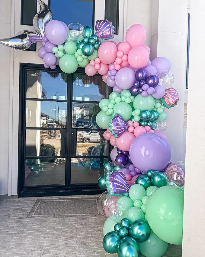 Mermaid Balloon Arch Kit, 122pcs Pink Purple Teal Mermaid Balloons with Silver Tail Foil Balloon 16ft Tape Strip & Dot Glue for Birthday Mermaid Party Decorations