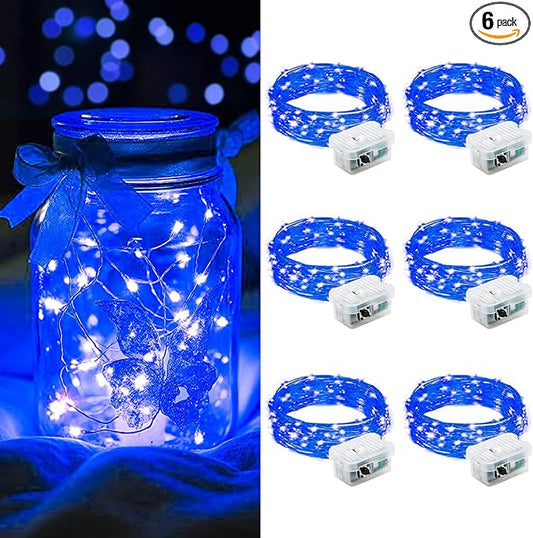 AIKEI 6 Pack LED Fairy Lights Battery Operated, Mini String Lights Waterproof 7FT 20 Led Firefly Starry Lighting for Wedding Party Bedroom Garden Halloween Christmas Inodoor Outdoor Decorations Blue