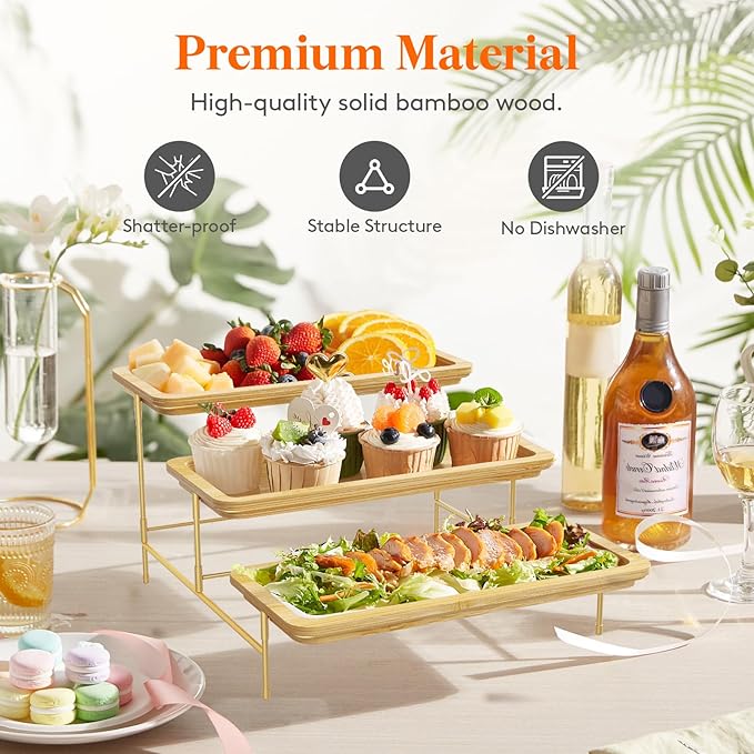 Lifewit 3 Tier Bamboo Serving Tray for Party Supplies, 30 x 17 cm/12" x 6.5" Platters for Serving Food, Reusable Trays with Gold Metal Display Stand for Veggie, Fruit, Cookies, Dessert