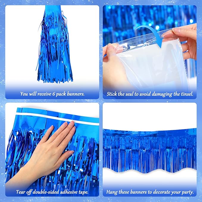 LOLStar 6 Pack Sapphire Blue Tinsel Foil Fringe Garland Birthday Party Decorations, 59Ft Tinsel Streamers Shiny Hanging Tinsel Fringe Banners for Graduation, 4th of July, Parade Float Party Decor