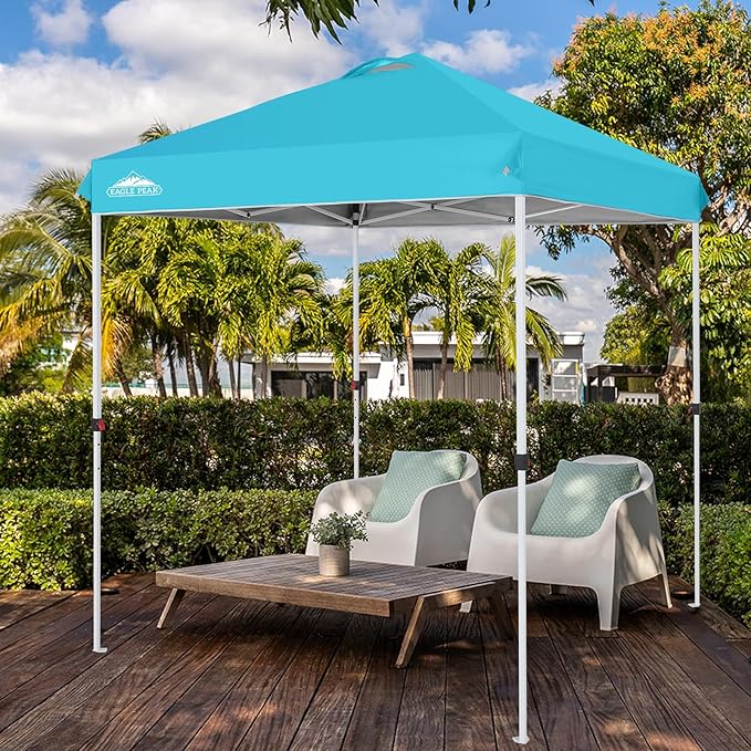EAGLE PEAK Pop Up Canopy Tent with Wheeled Carry Bag, 8 Stakes, 4 Ropes, Easy Set Up Tent Canopy, 6.6x6.6 ft, Light Blue