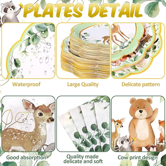 Potchen 452 Pcs Party Supplies Serve 50 Guests, Paper Plates Napkins Cups Cutlery Plastic Tablecloth Dinnerware for Birthday Wedding Party Decoration (Sage Green, Woodland)