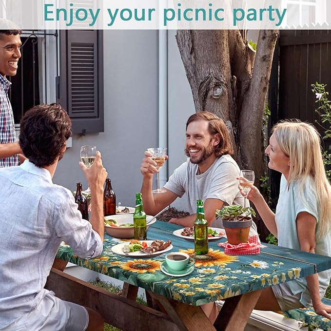 Picnic Table Cover with Bench Covers, Waterproof Elastic Fitted Tablecloths for 6 Foot Rectangle Tables, Outdoor Washable Sunflower Wooden Tablecloth for Camping 30X96in
