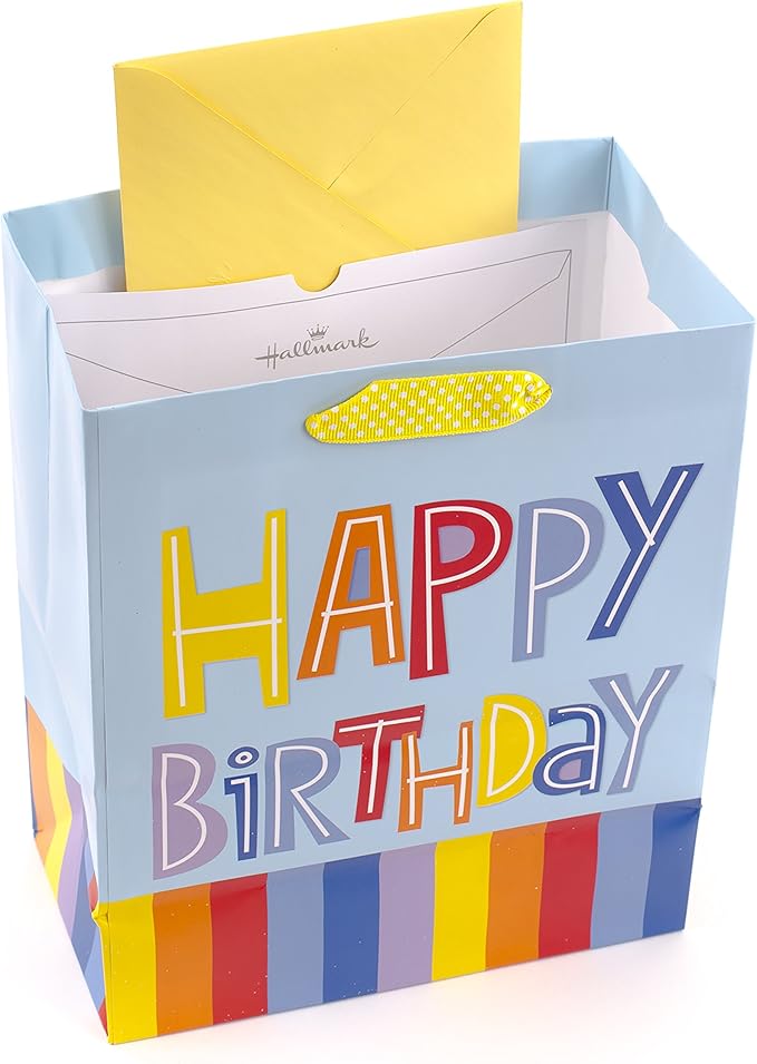 Hallmark 9" Medium Gift Bag with Tissue Paper (Happy Birthday, Rainbow Stripes on Light Blue)