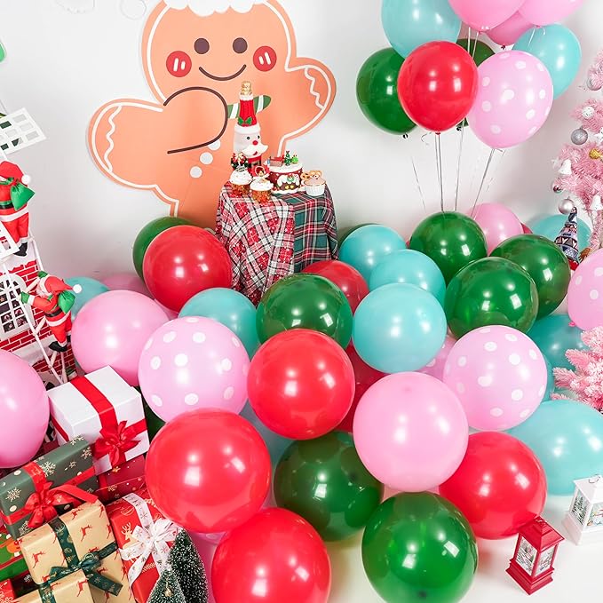 Red Pink Green Balloons with Pink Polka Dots Print Balloon, Pearl Turquoise Blue Dark Green Xmas Party Balloon for Birthday Carnival New Year Holiday Christmas Party Decorations