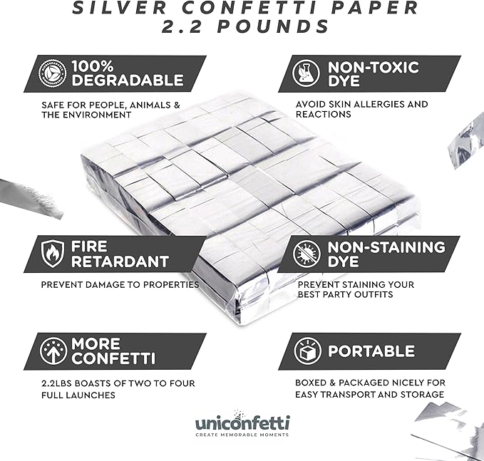 Silver Bulk Confetti Paper 2.2lbs / 1kg – Biodegradable Tissue Paper Confetti, Non-Staining, Fire-Resistant | Weddings, Events, New Year's Eve, Confetti Launcher Machine Refill