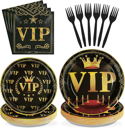 96 Pcs VIP Party Decoration Tableware 350 GSM Disposable Movie Night Red Carpet Plates and Napkins Party Supplies for Film Show Star VIP Celebrity Event Prom Red Carpet Runner for Party Serves 24