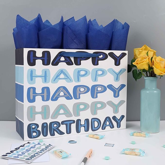 Qirrmiy 16.5” Extra Large Blue Happy Birthday Gift Bag Set with Handles, Greeting Card, Tissue Papers and Stickers for Men Boys Women Girls Kids Teens, Words Design, 1 Pcs