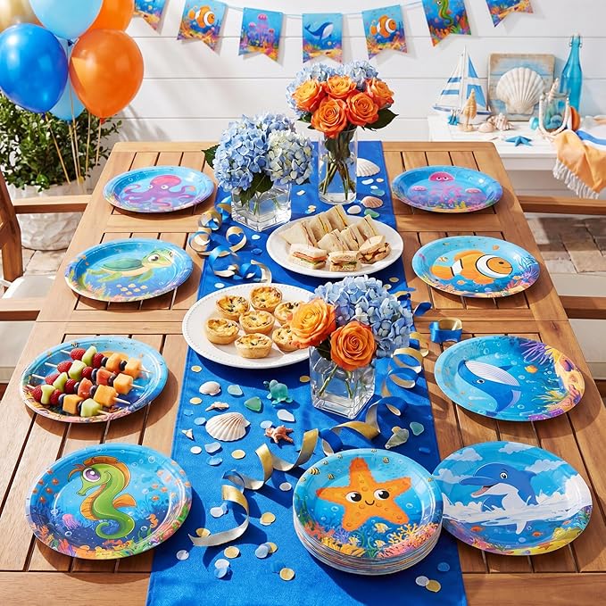 80 Pcs Under The Sea Party Decorations Ocean Birthday Paper Plates 7'' Underwater Creature Disposable Dessert Plate Dinnerware for Sea Life Animal Picnic Wedding Bridal Shower Tea Party Favor
