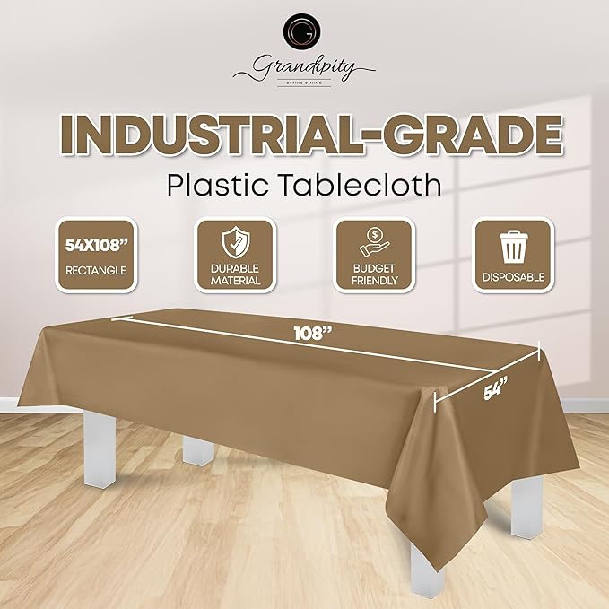 Grandipity Gold Plastic Table Cloth Disposable (6 Pk) 54in x 108in Plastic Tablecloths for Rectangle Tables - Premium Party Table Cloths Disposable for 6ft to 8ft Rectangle Tables