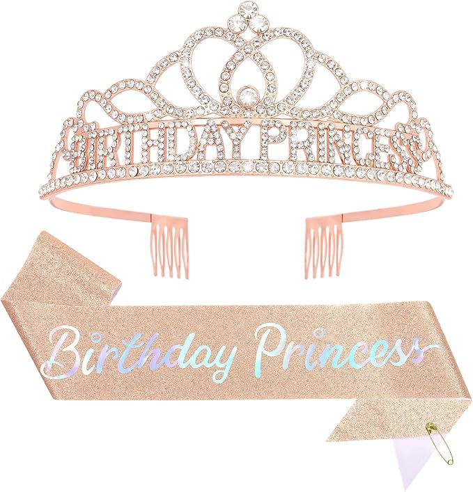 CAVETEE Princess Crowns and Sashes for Girls & Women - Birthday Party Decorations Set