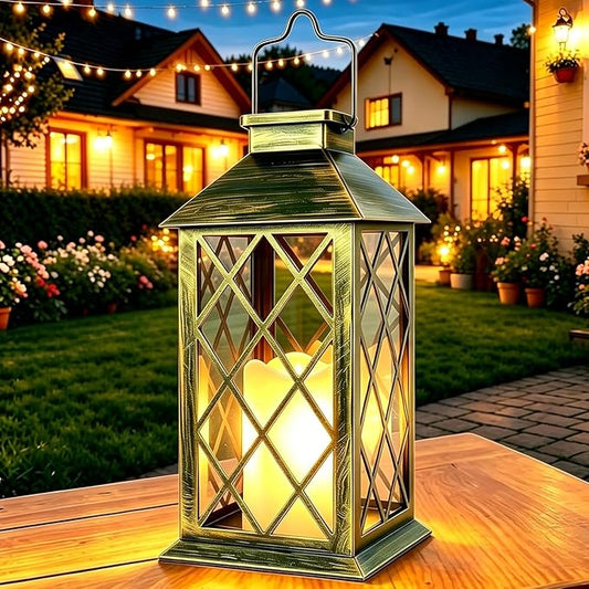 14" Large Tempered Glass Solar Lanterns Outdoor Waterproof, Hanging Solar Lights with Flickering Flameless Candles, Retro Solar Lantern for Wall Porch Patio Table Garden Decoration (Bronze)