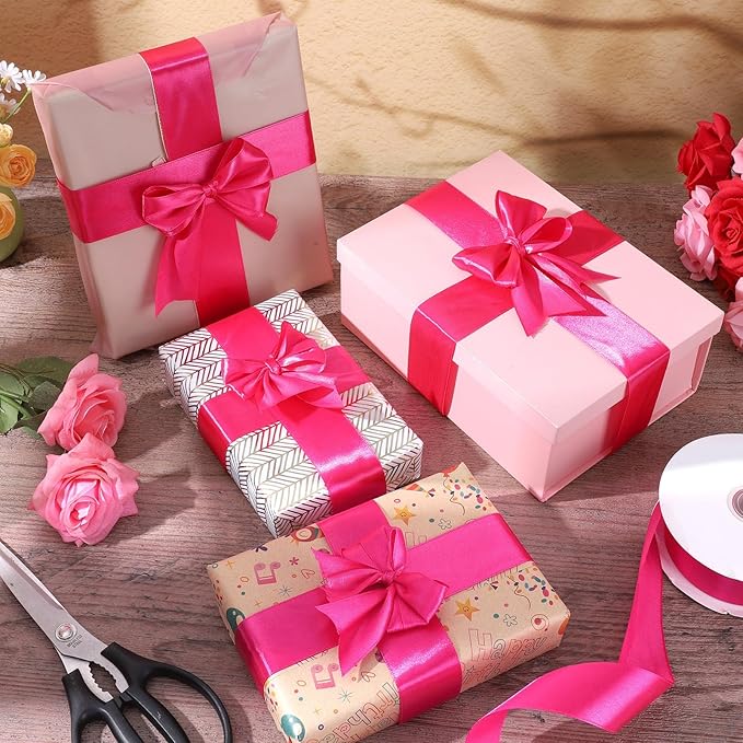 woric Hot Pink Ribbon 1 1/2 Inch 60 Yards Pink Bows Decor Satin Ribbon for Mothers Day Flower Bouquet Gift Wrapping Bows Crafts Wedding Holiday Decorations