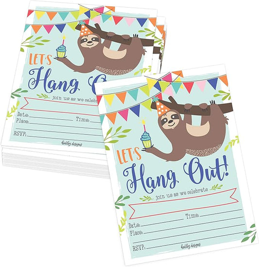 Hadley Designs Kids Birthday Invitations For Boys and Girls Sloth Theme - 25 Sloth Birthday Party Invitations For Boys, Let's Hang Out Invites For Girls, Cute Animal Party Supplies, Made In USA