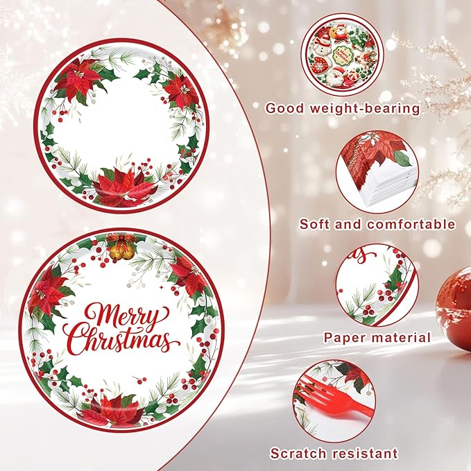 96 Pieces Christmas Poinsettia Tableware Set ??Merry Christmas Disposable Plates, Napkins, Forks Party Supplies with Holiday Flower and Holly Designs for Xmas Parties Celebrations ??Serves 24 Guests