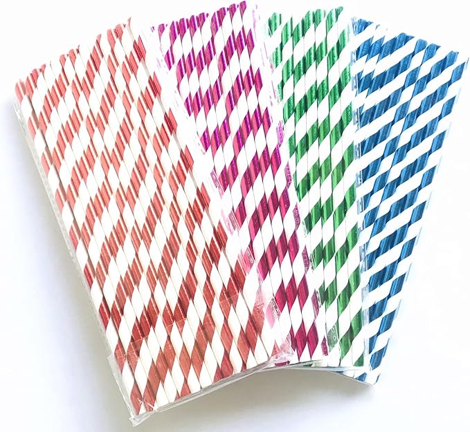 100 pcs Mixed Biodegradable Colorful Party Paper Straws, Colored Hot Pink Blue Red Green Foil Striped Drinking Straws Bulk, Restaurant Holiday Birthday Wedding Cake Pop Sticks (Metallic Stripe)
