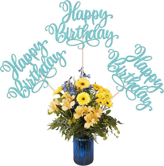 12 PCS Happy Birthday Centerpieces Sticks Double Sided Glitter Birthday Party Decorations Anniversary Table Flower Centerpiece for Celebrating Birthday Party Centerpieces Supplies Light Blue