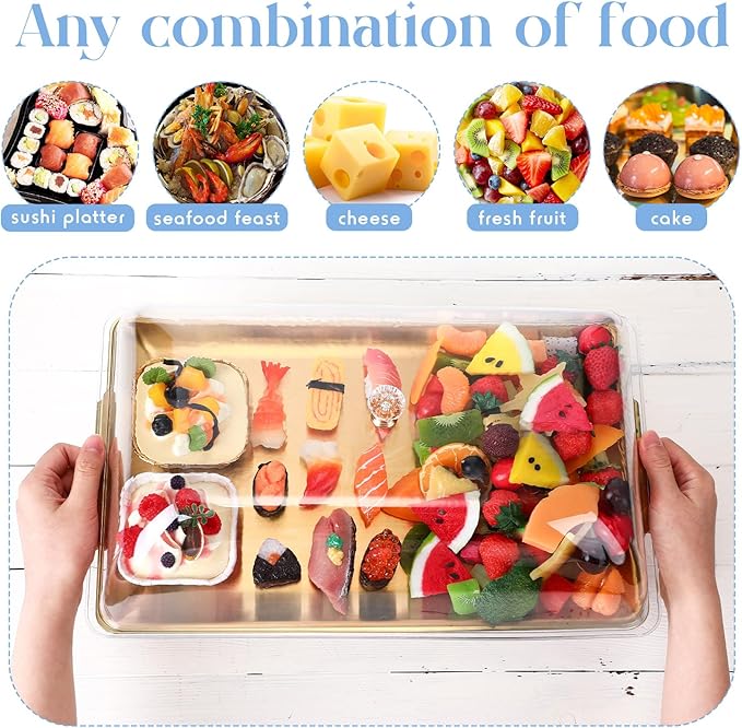 Baderke 2 Sets 16" x 9" Chilled Serving Tray for Parties with Compartments and Lid Charcuterie Serving Board Ice Rectangle Chilled Party Platter for Seafood Vegetable Fruit Shrimp Cocktail (Gold)