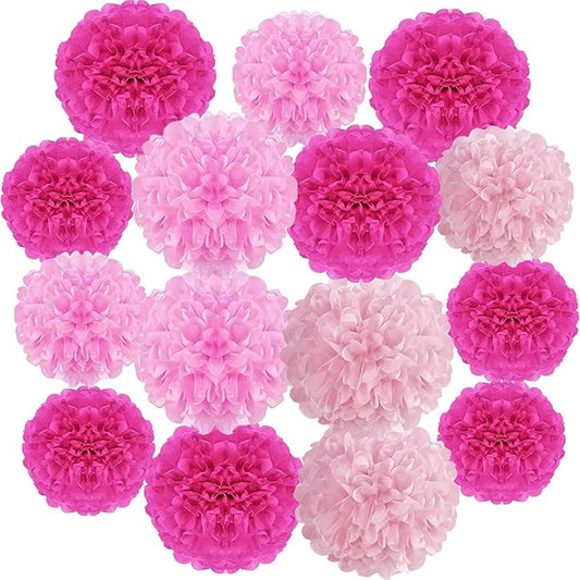 Tissue Paper Pom Poms, 15Pcs Colorful Paper Flowers, Pink, Rose Red Paper Flower Ball for Wall Valentine's Day Birthday Bridal Showers Wedding Baby Shower Tea Parties Graduations Party Decorations
