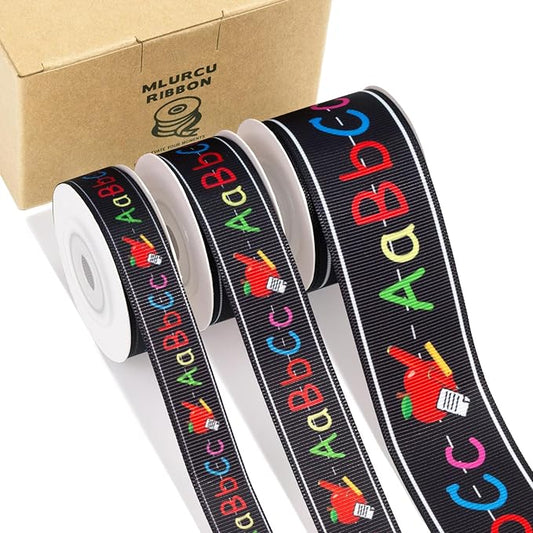 Back to School Themed Grosgrain Ribbon 3 Rolls Set 5/8" 7/8" 1.5", ABC Alphabet Apple Print Craft Fabric Ribbon for Teacher Appreciation Wreath Garland Bows Sewing Gift Wrapping Classroom Party Decor