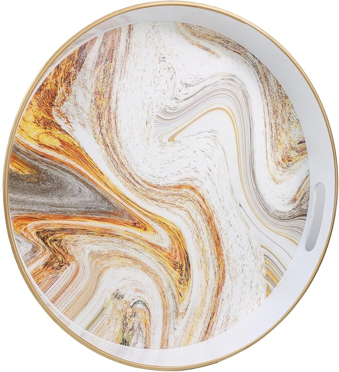 Round White Marbling Decorative Tray with Handles, 13" Morden Plastic Serving Tray for Coffee Table Bathroom, Ottoman, Home Decor