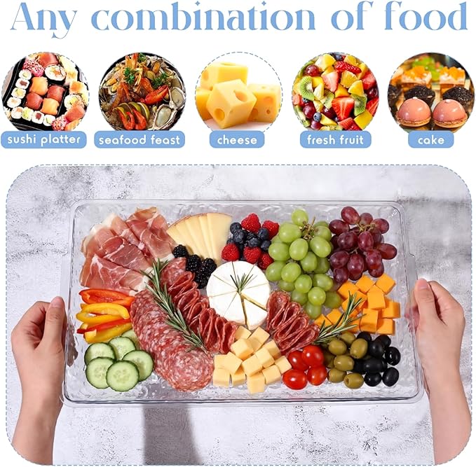 Baderke 1 Set 16" x 9" Plastic Chilled Serving Tray for Parties with Compartments Ice Chilled Party Platter Charcuterie Serving Board Cold Dish Dip for Fruit Seafood Vegetable Appetizer (Clear)
