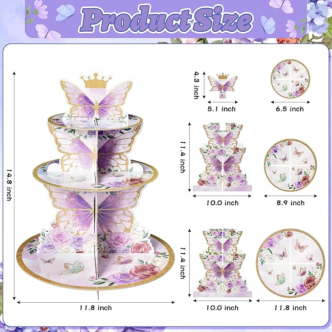 Haooryx Purple Butterfly Cupcake Stand Decoration - 3-Tier Butterfly Floral Crown Cupcake Tower Cardboard Candy Dessert Holder for Spring Butterfly Party Supplies Girl Women Birthday Party Table Decor