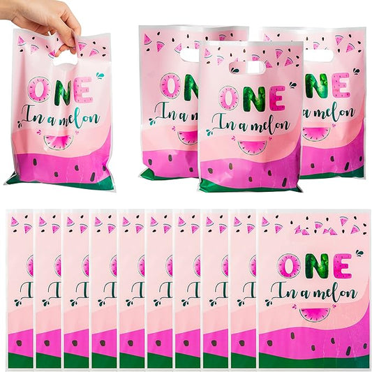 50Pcs One in A Melon Party Favor Bag Watermelon Themed Waterproof Goodie Bag with Die Cut Handles Summer Glossy Plastic Candy Gift Bags for Kid First Birthday Baby Shower Decoration Supplies