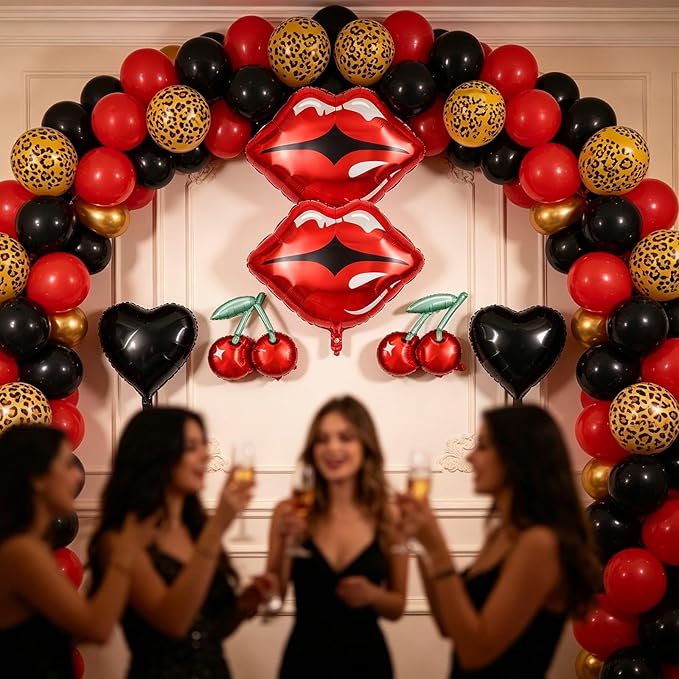 26Pcs Leopard Theme Balloon Kit, Red Black Balloon Set with Leopard Print Balloons, Red Lip Cherry Balloons, Heart Balloons for Birthday Party, Cheetah Balloon Bachelorette Decorations