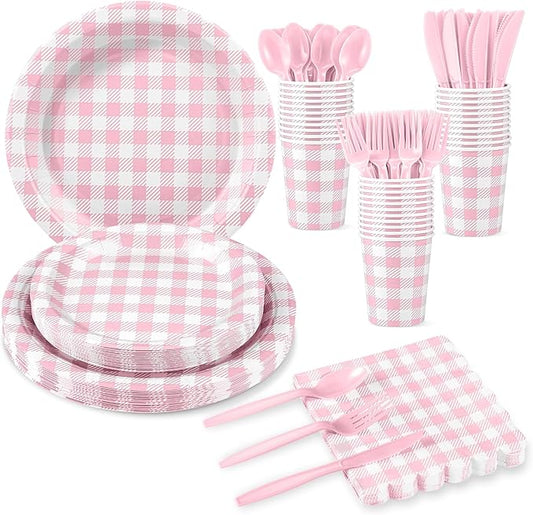 NatNarr 175 Pcs Pink Gingham Party Supplies Include Pink Gingham Plates and Napkins Cups Disposable Checkered Dinnerware Set for Picnic, Baby Bridal Shower, Wedding Decorations