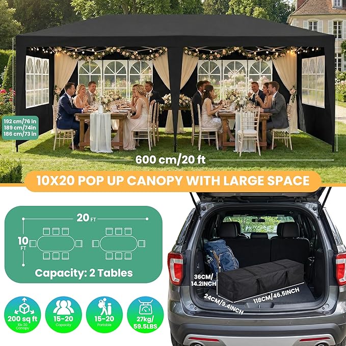 10x20 Pop Up Canopy Party Tent with 6 Sidewalls, Outdoor Wedding Party Tent Waterproof UV50 Commercial Canopy Event Shelter Gazebo Tents for Parties, 6 pcs Weight Bag,Carry Bag,Black