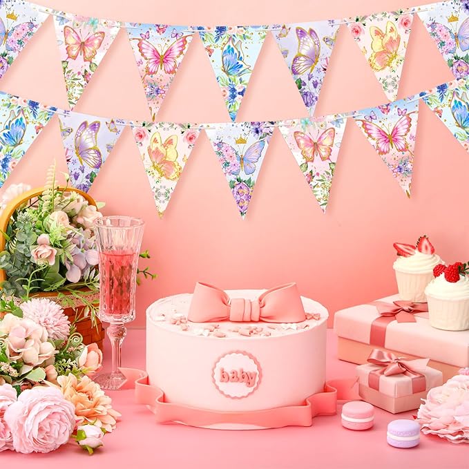 5 Pieces 49 ft Butterfly Birthday Banner Decorations Butterfly Party Supplies Paper Flower Pennant Triangle for Baby Shower Party Outdoor Decor