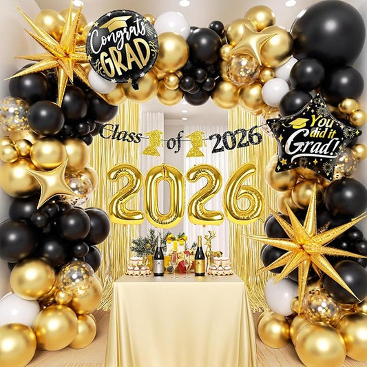 Black and Gold Graduation Decorations with Gold Confetti Black White Balloons Gold Fringe Curtain Banner for Graduation Decorations 2026