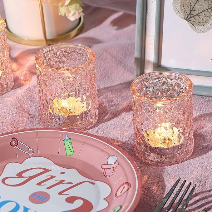 NITIME 12pcs Pink Votive Candle Holders, Tealight Candle Holder for Valentine's Day, Baby Shower Decorations for Girl, Glass Candle Holder for Wedding Centerpieces, Bridal Shower, Party Decorations