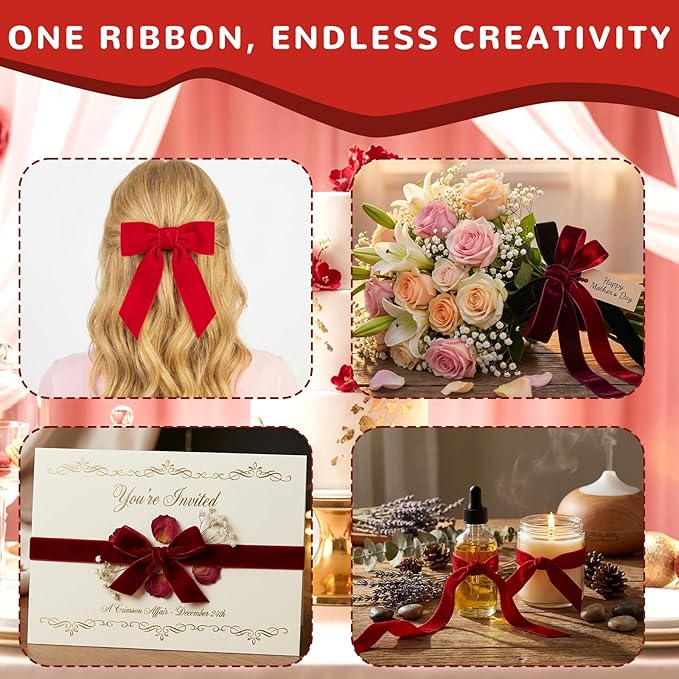 3 Pcs Rolls Velvet Ribbon Set, 33 Yards Red Burgundy Black. Valentine's Day Ribbon for Gift Wrapping, Wedding Decor, Crafts Bows and Holiday Decorations