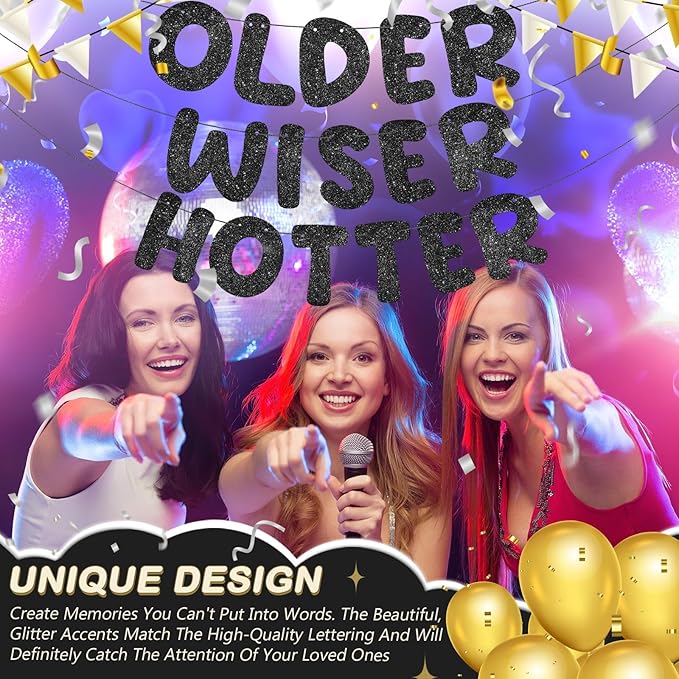 Fulmoon Set of 3 Pre Strung Older Wiser Hotter Glitter Banner Funny Birthday Banner for Women 30th 40th 50th 60th 70th 80th Birthday Party Decorations Sign Gift(Black)