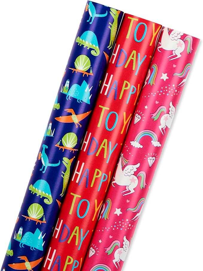 American Greetings Reversible Birthday Wrapping Paper for Kids, Dinosaurs and Unicorns (3 Rolls, 120 sq. ft)