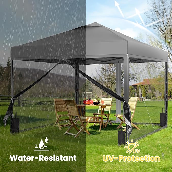 GDY 10x10 Pop up Canopy Tent with Mosquito Netting, Easy up Gazebo for Patio, Camping and Garden, Includes 4 Sandbags, Gray