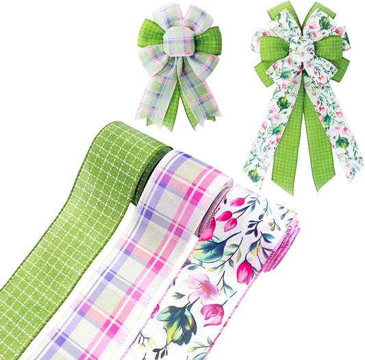 Spring Summer Floral Wired Ribbon, Green Grid Pink Plaid Floral Pattern Craft Ribbon for Wreath Bow Making, DIY Crafts, Gift Wrapping, Party Decorations, 3 Rolls, 2.5Inch, 15 Yards (Green)