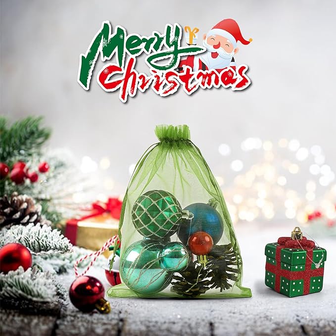 ANZNKU 100 Pack Green Organza Bags 6x9 inches Mesh Bags Drawstring, Sheer Organza Gift Pouches for Saint Patrick's Day Party Easter Favor Wedding