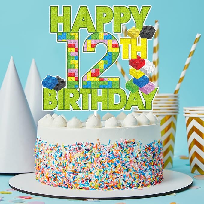 Happy 12th Birthday Building Block Cake Topper - Puzzle Games Boy's 12th Birthday Party Green Cake Topper Supplies - Building Block Party Decoration For Boy