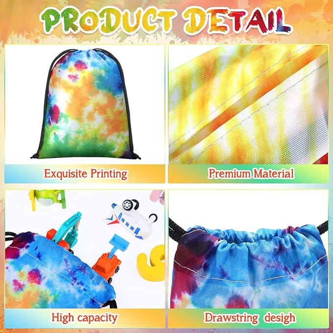 24 Pcs 7x5 Inch Tie Dye Drawstring Bags Tie Dye Goodie Bags Reusable Polyester Colorful Treat Candy Pouches for Summer Birthday Party Supplies