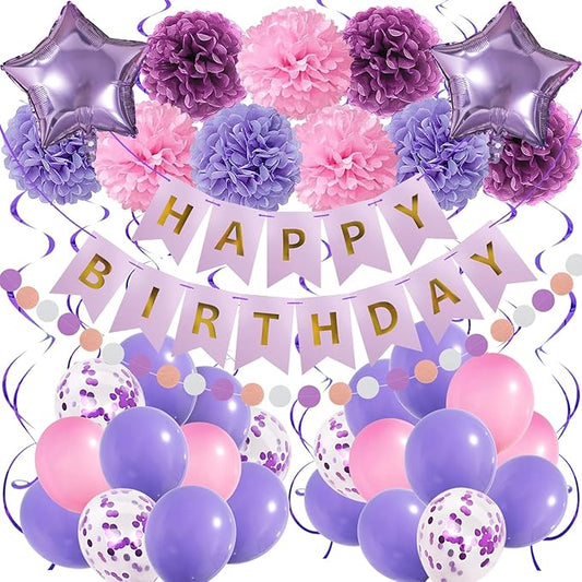 Purple & Pink Party Decorations with Banner for Women & Girls - Engagement, Anniversary & Birthday Party Supplies