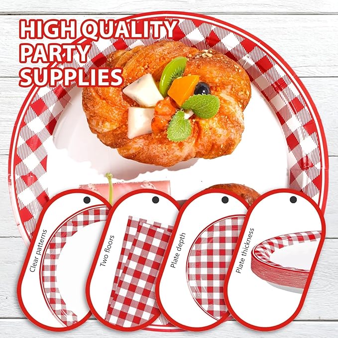 200Pcs Red Gingham Party Supplies Red and White Checkered Buffalo Plaid Plates and Napkins Disposable Gingham Tableware Set for Summer Pizza BBQ Picnic Baby Shower Birthday Party Decorations Serves 50
